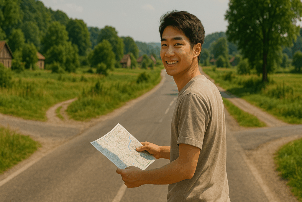 地図を広げる若者