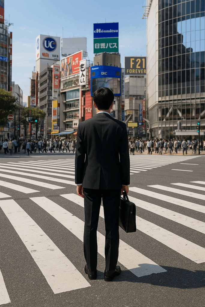 一歩踏み出す社会人が、交差点の向こうにいる人に向かっていく出会いの写真