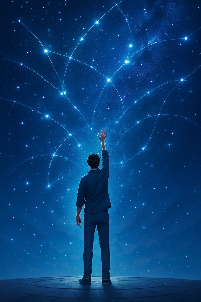 星に手を伸ばし、自分の可能性を手繰り寄せるように、やりたいことの見つけ方を探す男性のイメージ画像
